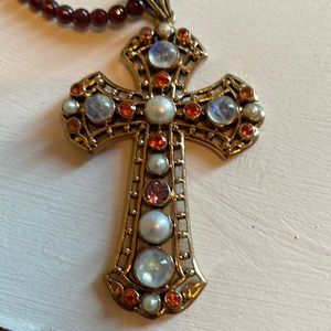 Nicky Butler Multi-Gem Cross Pendant with 15” garnet 4mm faceted bead necklace